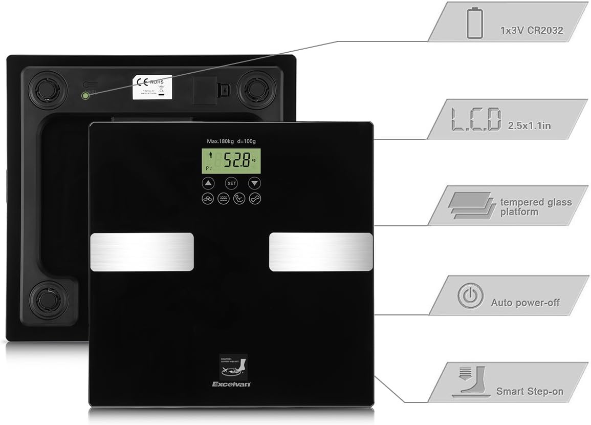 Excelvan Body Analysis Scale showing battery compartment, LCD, tempered glass, auto power-off, and smart step-on features.