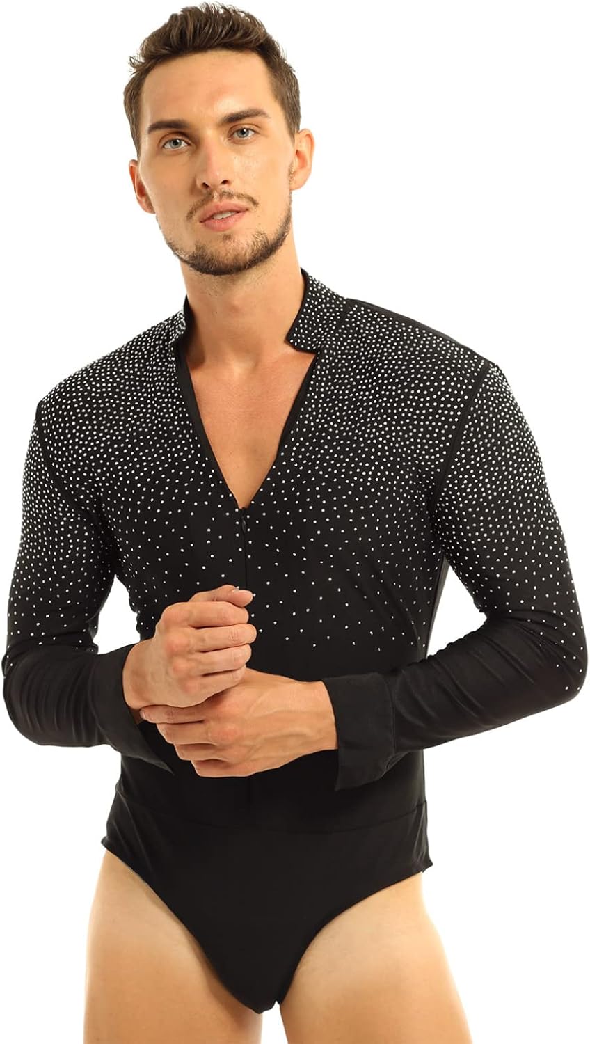 Miniatura 3 de TiaoBug Overol con cuello en V y diamantes de imitación brillantes para hombre de baile latino moderno leotardo