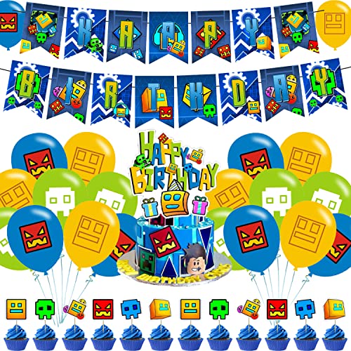Geometry Aesthetic Dash Party Decorations,Geometry Aesthetic Dash Birthday Party Supplies Includes Banner - Cake Topper - 12 Cupcake Toppers - 18 Balloons #TOP1