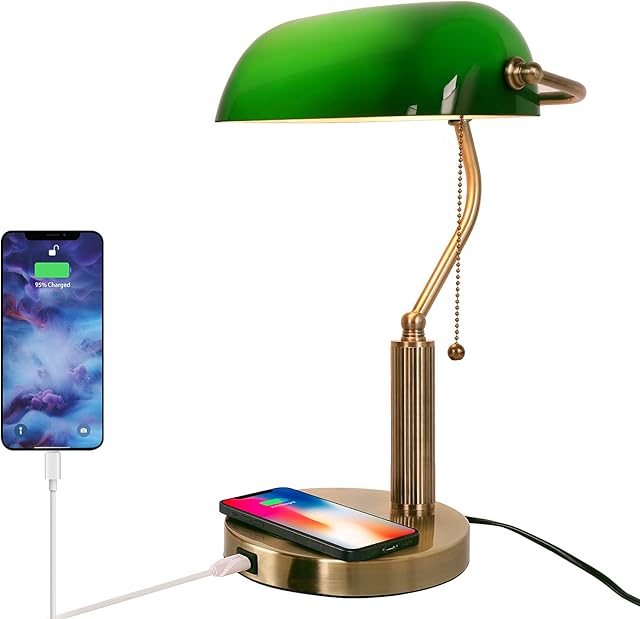 FIRVRE Green Glass Bankers Desk Lamp Reading E27 Classic Retro LED Table Lamp with Wireless Charging USB Port Vintage Brass Pull Chain Switch Nightstand Bedside Light for Home Office Bedroom Study