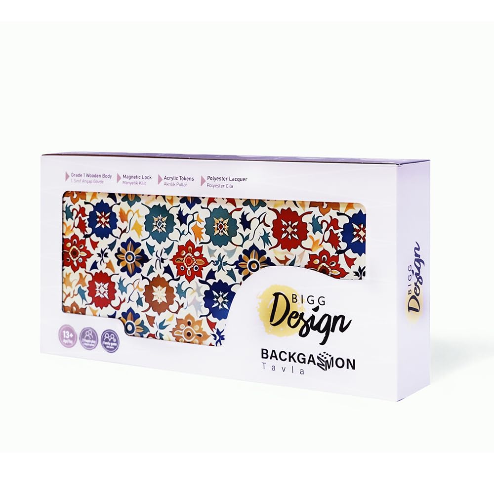 Biggdesign Bloom Backgammon Set aus MDF, Magnetverschluss & Spielsteine | 16 mm MDF-Korpus, Coex-Cellophan-Spielfläche, 36 mm Spielsteine, 9 mm Würfel, für Erwachsene, Made in Türkiye