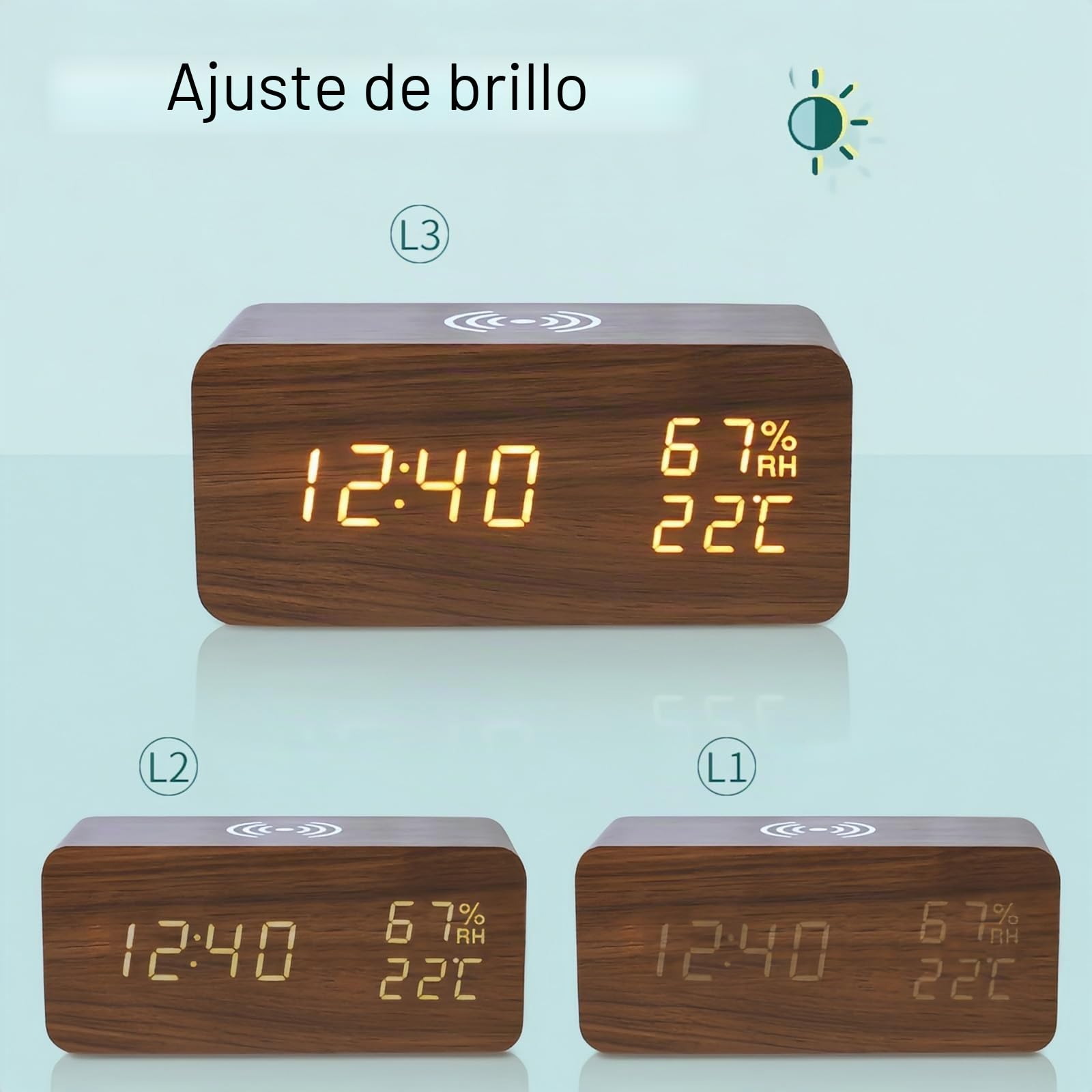 Reloj Despertador Digital con Carga Inalámbrica LED Pantalla de Temperatura y Humedad 3 Alarmas Brillo Ajustable Control de Sonido para Dormitorio Casa Oficina (Marrón)