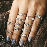 Setita 11 Pieces Turkish Retro Elephant Moon Rose Carving Joint Knuckle Nail Midi Ring Set Boho Ring Set (Ancient Silver)