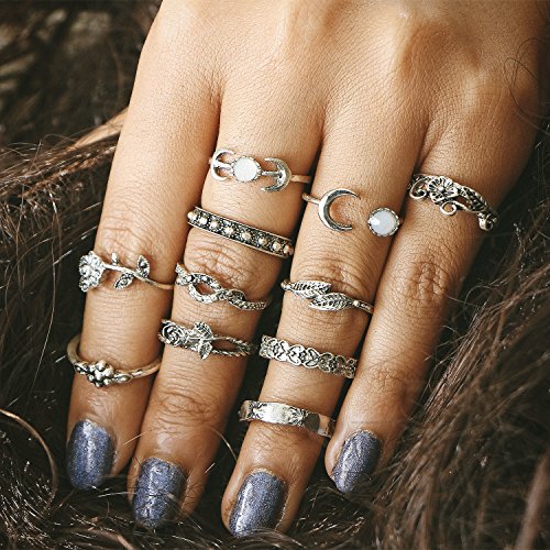 Setita 11 Pieces Turkish Retro Elephant Moon Rose Carving Joint Knuckle Nail Midi Ring Set Boho Ring Set (Ancient Silver)