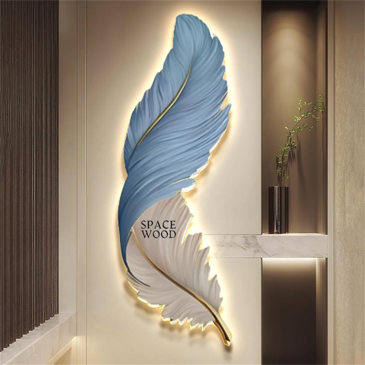 SPACE WOOD Royal Led Wall Sconce for Bedroom Luxury Best Living Room Light Fixture Modern Feather Design Indoor Lustre Wood Lamps (Blue White, 36X14)-image-27