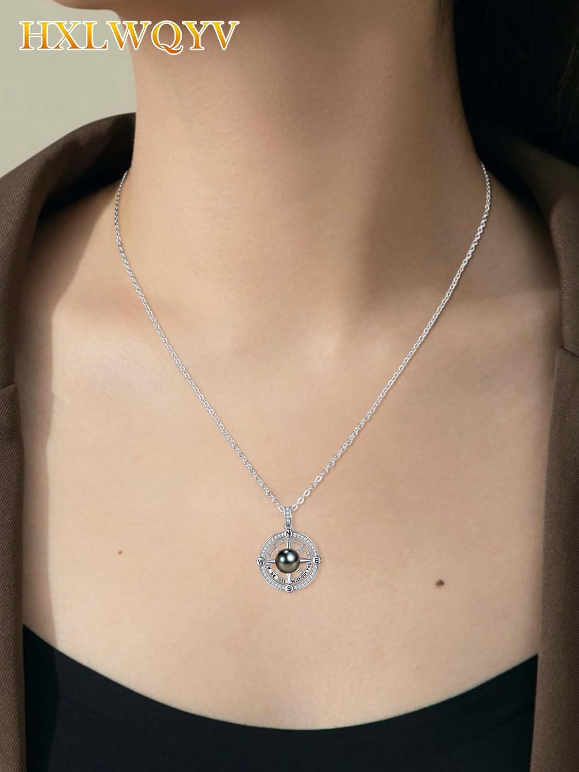 AAAAA Tahitian Black Pearl Compass Necklace For Women,925 Silver Jewelry,Valentines Wedding Anniversary Birthday Gifts for Her Wife Mom Daughter Grandma Sister