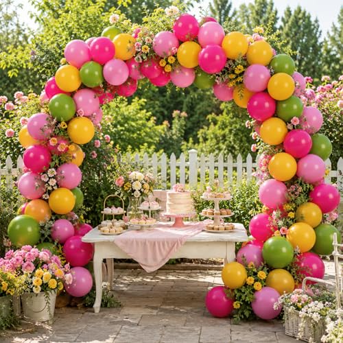 Image of Pink Yellow Green Balloons, 60 Pcs 12 Inch Olive Green Yellow Peach Pink Rose Red Latex Balloons for Summer Birthday Baby Shower Party Decorations