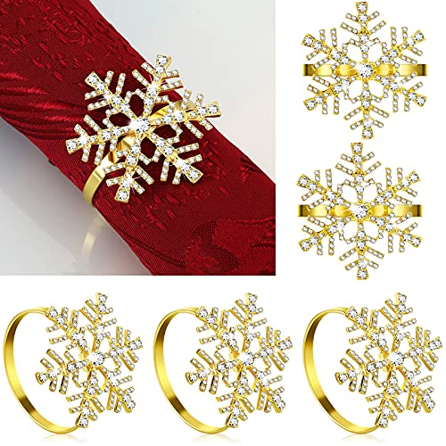 Patelai 6 Pieces Snowflake Napkin Rings Set Xmas Snowflake Napkin Holders Rhinestone Napkin Rings Holder for Christmas Wedding Party Table Supplies Decoration (Gold)
