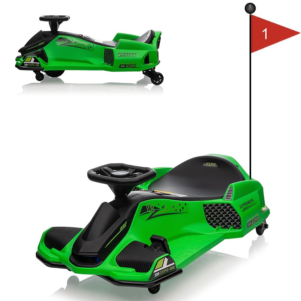 Drift Kart,24V Electric Go Kart for Kids 8+,7Ah Battery 180W Brushless Motor, with High/Low Speed Switch,Music,Front+Tail LED Light,Low-Power Alarm,5.5" Front Tire, for Riders up to 110 lbs Green