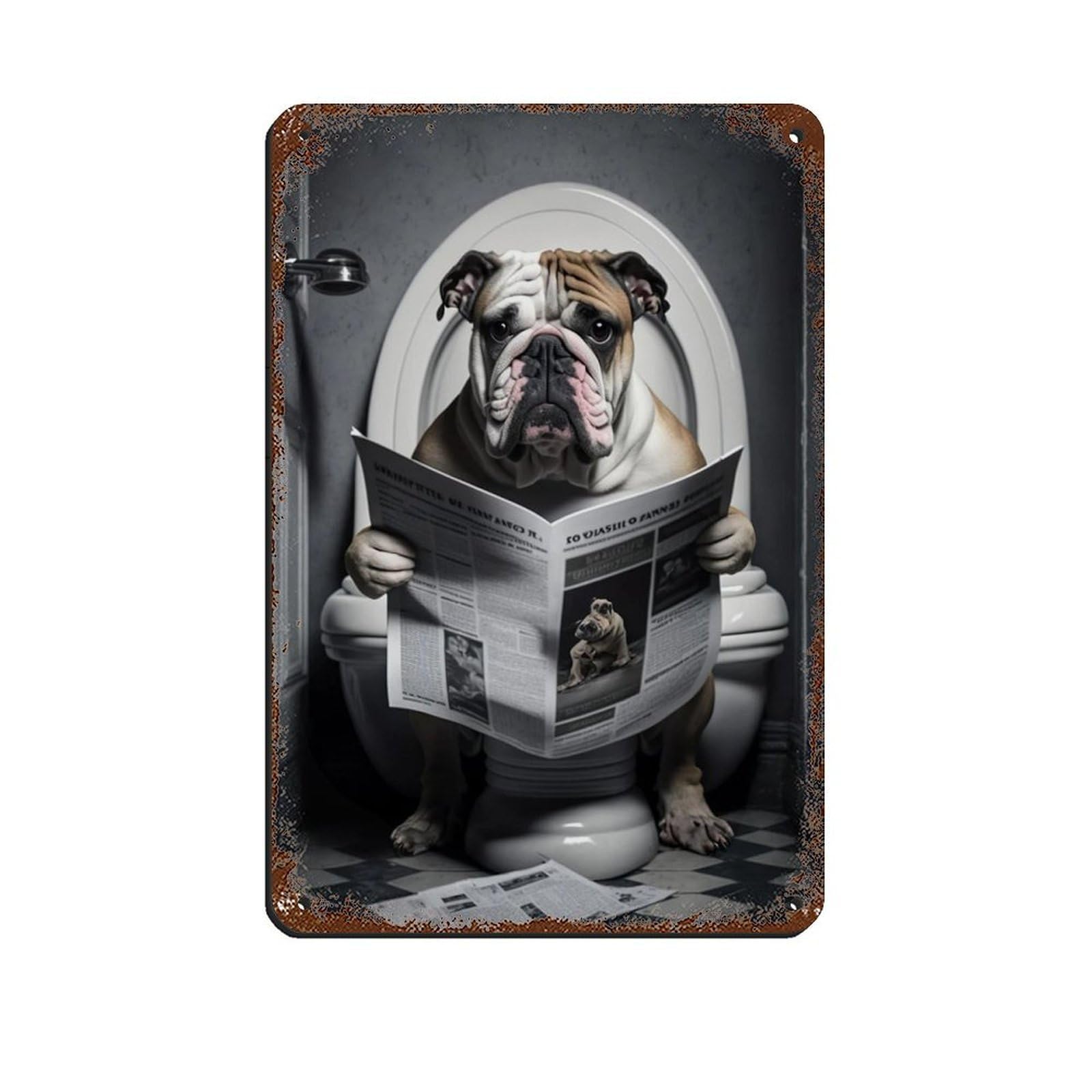 Lxwnze 20L X 30W Cm Bulldog Sitting On The Toilet Reading A Newspaper Retro Poster Metal Tin Sign Chic Art Retro Iron Painting Bar People Cave Cafe Family Garage Poster Wall Decoration 8X12inch(20X30cm)