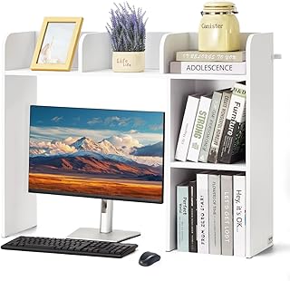 VEVOR Wood Desk Shelf, Desktop Bookshelf, Desk Storage Hutch with 6 Shelves, Office Countertop Organizer 3-Tier Display Rack, with Anti-Slip Feet Pads, for Office, Home & Dorm, White