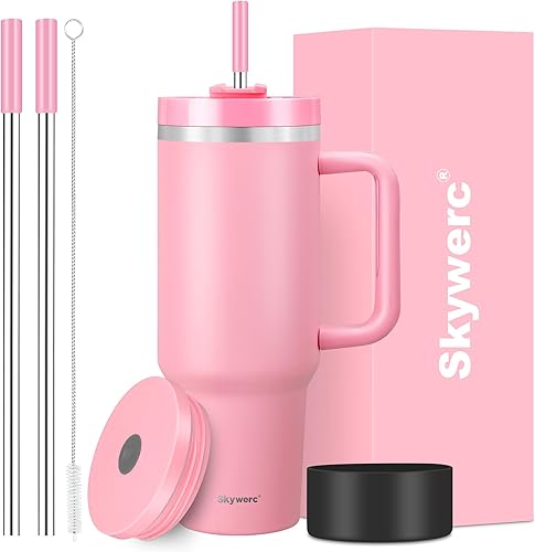 Vaso de 40 onzas con asa y pajilla, 2 tapas (2 en 1 y tapa a prueba de fugas)  Botella de agua de doble pared aislada al vacío de acero inoxidable