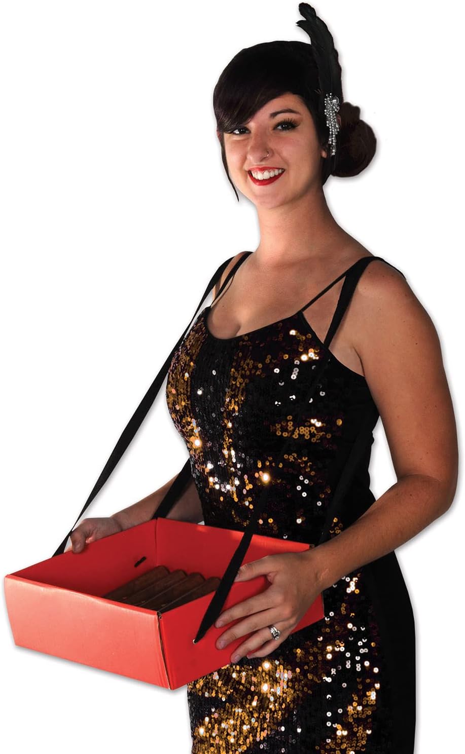 Beistle Cigarette Girl Party Tray Snack and Beverage Carrier – 20’s Theme Costume Accessory Prop, 4" x 11" x 13", Red/Black