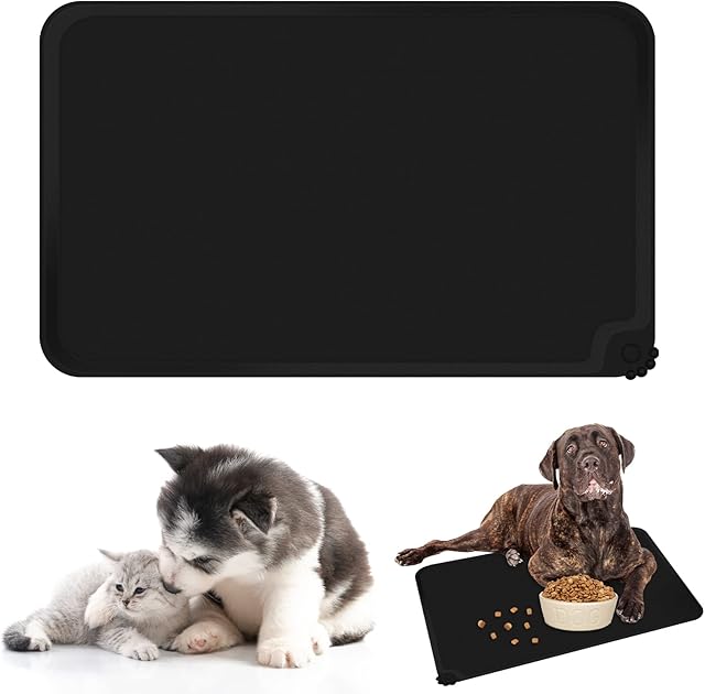Dog Cat Food Mat, Silicone Dog Bowl Mat, Non Slip Waterproof Pet Feeding Mat,Cat Dog Food Mat and Water Bowls Mat Silicone Pet Food Mat(47x30cm, Black)
