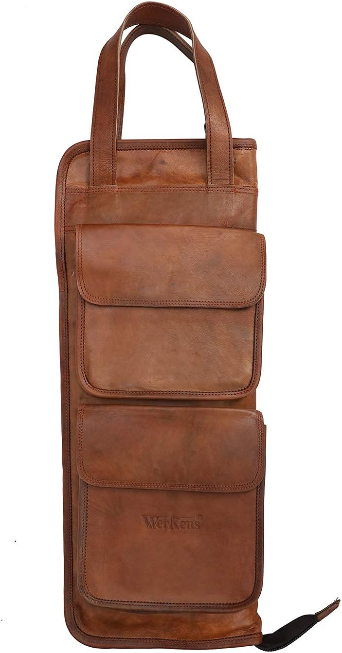 Leather Drumstick Bag Floor Tom Hooks Holds 10-12 Pairs Drum Sticks Mallets Brushes Percussion Drum Stick Bag Detachable Shoulder Strap Easy Carry Handles (Brown) – DSB003
