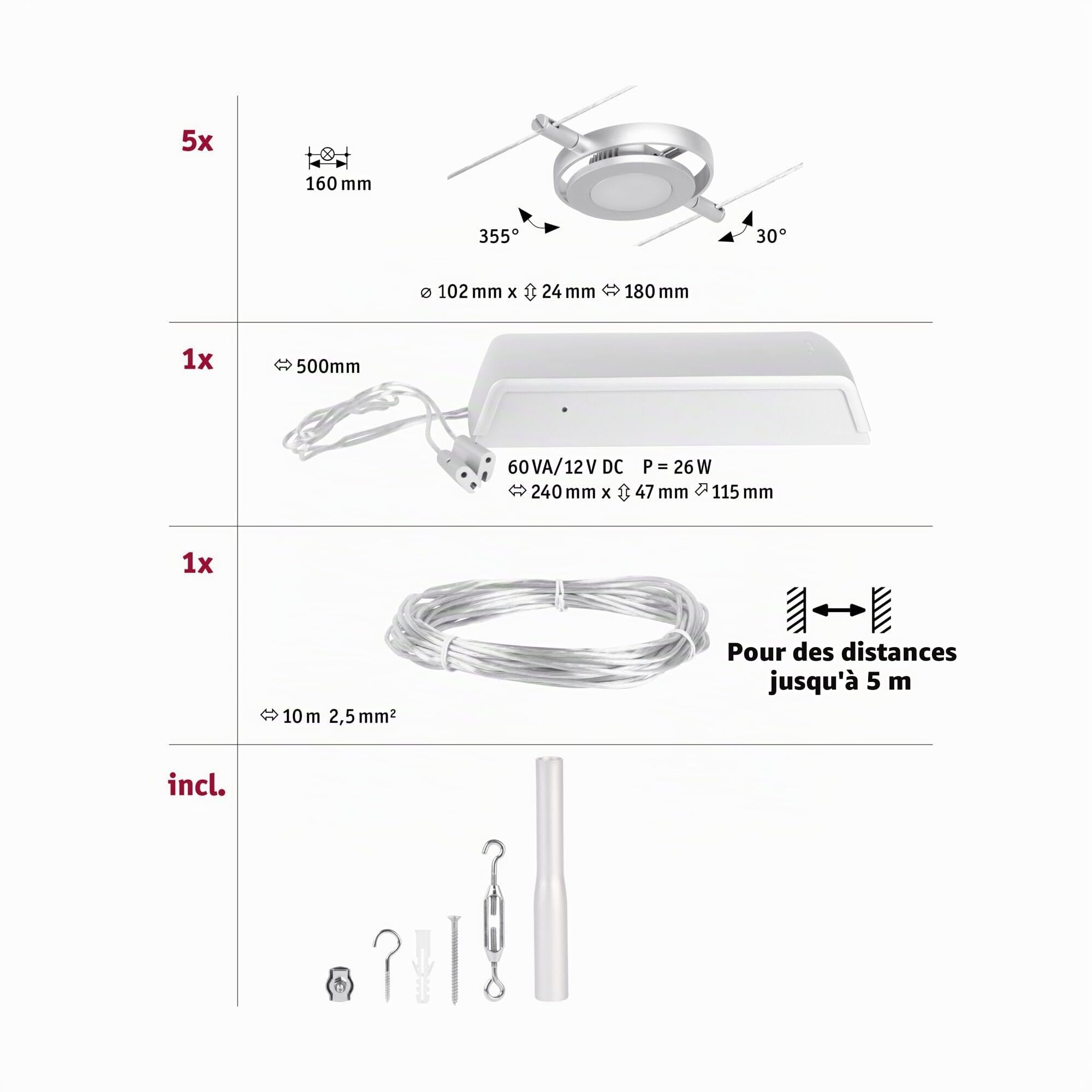 Paulmann 944.14 94414 Kit LED RoundMac DC avec Câble Extensible en Chrome Mat-5 x 4,5 W-3000 K, Métal