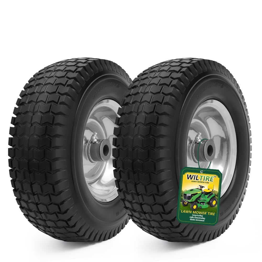 13x5.00-6 Flat Free Tire and Wheel Assemblies (2 Pack),13 x 5 x 6 Solid Rubbe Tires and Wheel for Riding Lawn Mower - With 3/4" Bushings (Extra 5/8" Bushings) and 3" Centered Hub (Gray)