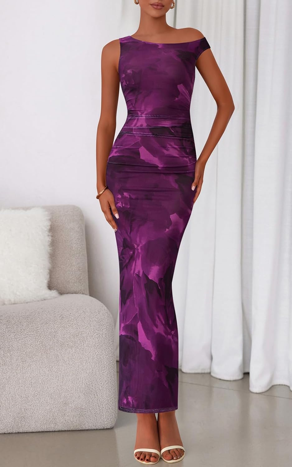 PRETTYGARDEN Women's 2026 Summer Floral One Shoulder Maxi Dress Wedding Guest Ruched Mesh Bodycon Long Cocktail Dresses - Image 3