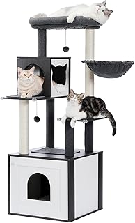PAWZ Road Modern Cat Tree Wood Cat Tower with Storage Cabinet Litter Box Enclosure and Spacious Cat Condo, Large Top Perch and Hammock, Sisal Covered Scratching Posts for Cats