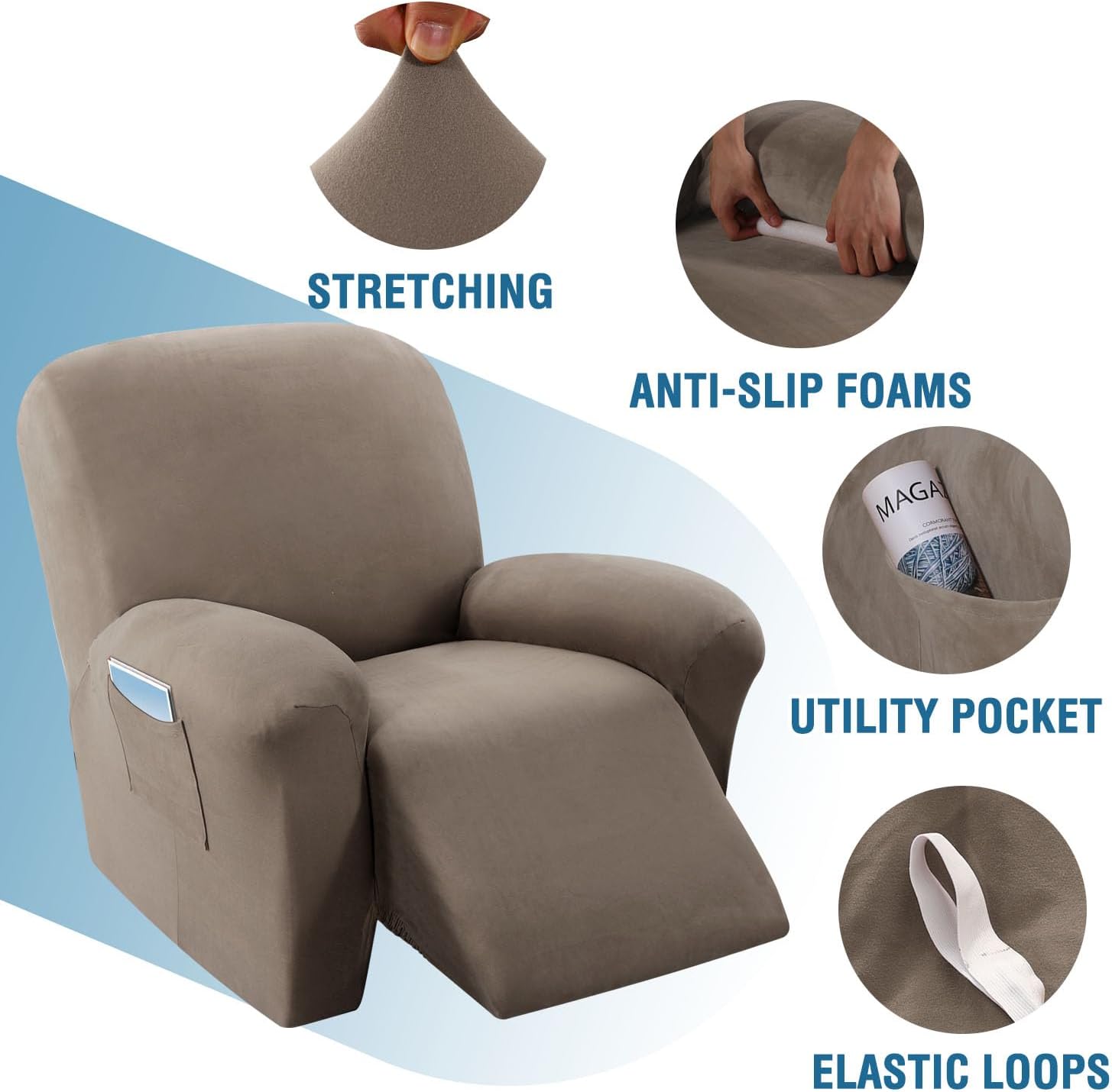 H.VERSAILTEX Fleece Stretch Sofa Cover for Recliner Chair Slipcovers Washable Stretch 1-Piece Furniture Cover/Protector Anti-Slip Recliner Chair Cover Durable and Comfortable, Taupe
