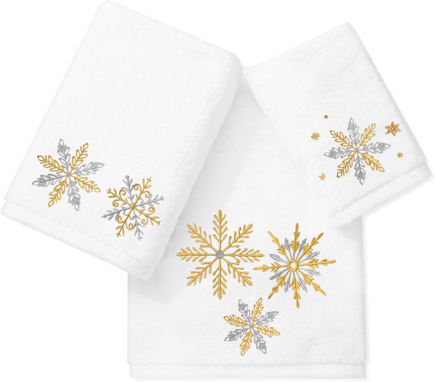 JarThenaAMCS Christmas Bathroom Towels Set of 3 Winter Snowflake Embroidered Cotton Towels Xmas Hand Towels for Kitchen Dish Drying Cleaning Cooking