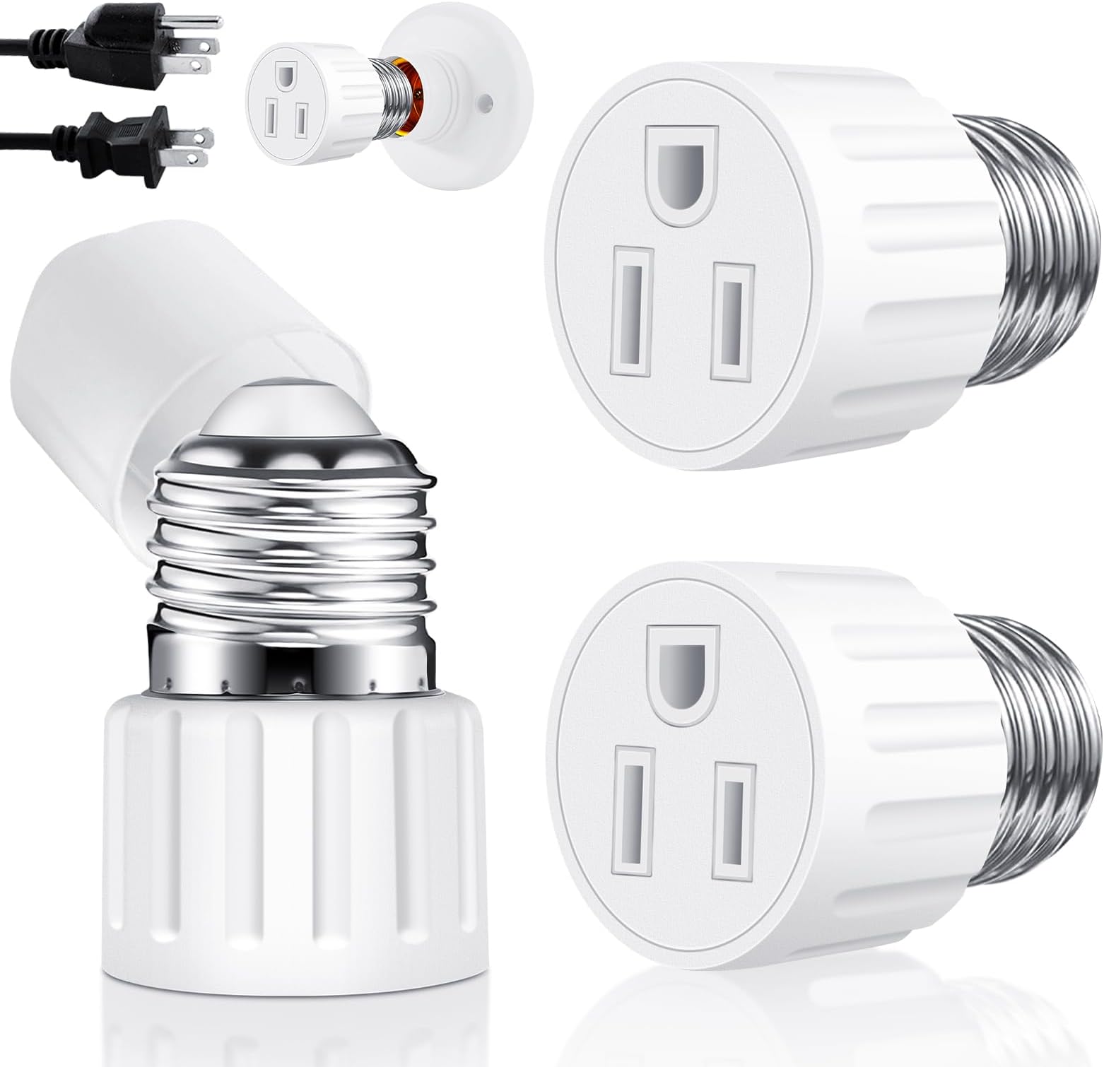 (2 Packs) 3 Prong Light Socket to Plug Adapter, E26 E27 Light Socket Outlet Adapter Polarized Light Bulb Plug Adapter, Stability Performance & Professional Materials Light Bulb Adapter (White)