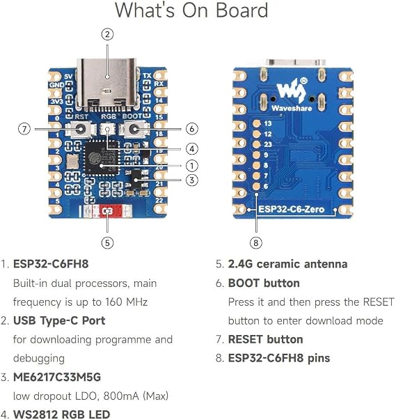 Waveshare ESP32-C6 Mini Development Board(with Pre-soldered Header), Based On ESP32-C6FH8, Dual Processors, 160MHz Running Frequency, 2.4GHz WiFi 6 & BT5, ESP32 Development Board
