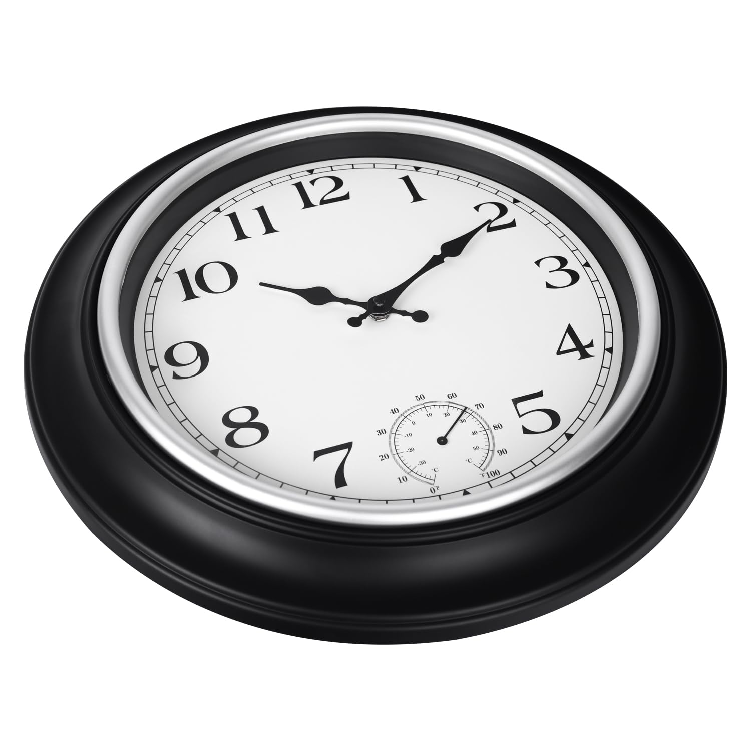 JoFomp Grande horloge d'extérieur étanche avec thermomètre – 45,7 cm silencieuse, sans tic-tac, horloge murale à quartz à piles pour patio, maison, piscine, jardin, porche, terrasse (argent, 45,7 cm)
