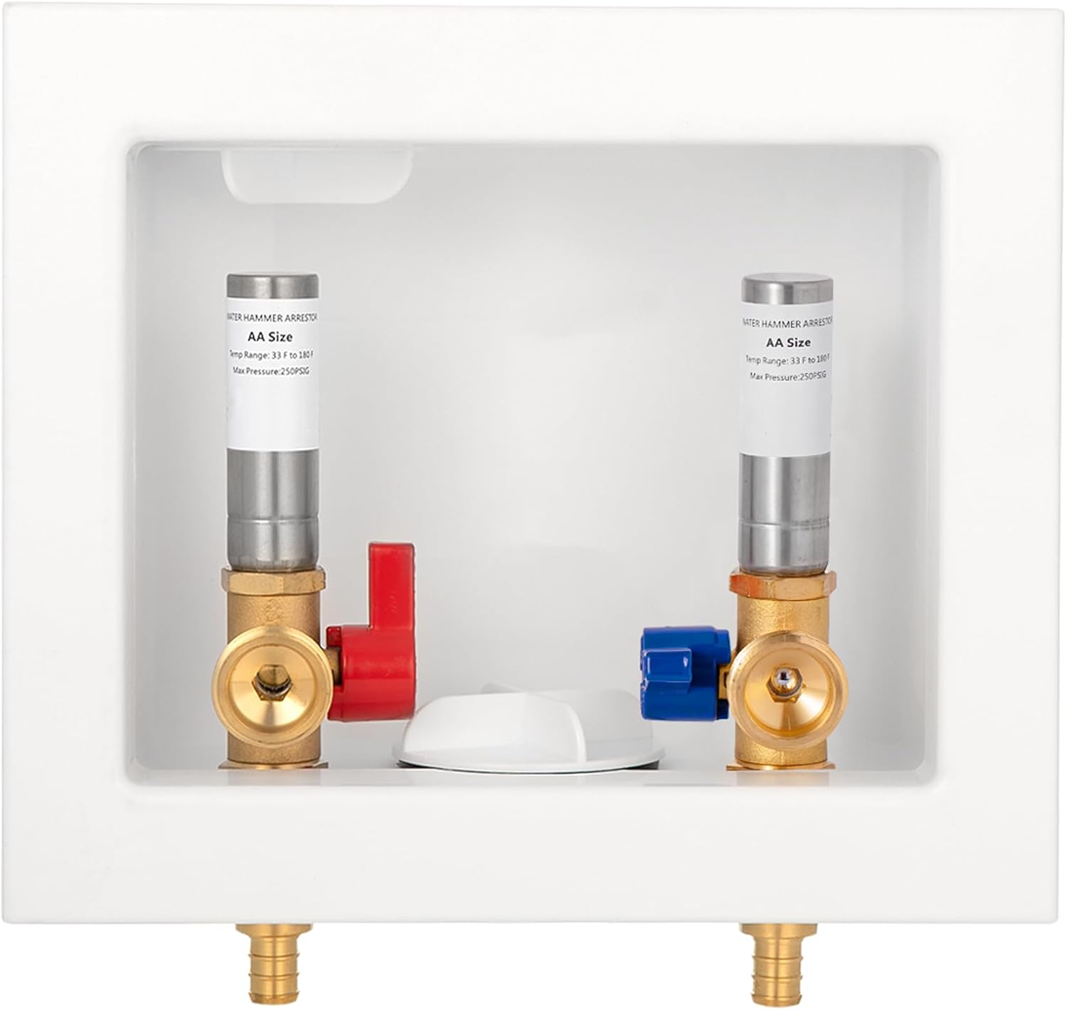 [1 Piece] Lingmfg Washing Machine Outlet Box PEX Crimp with Hammer Arrestors and 2 inch Outlet Drain, 1/2 inch Crimp PEX 1807, Connection 3/4 inch Washing Machine Hoses