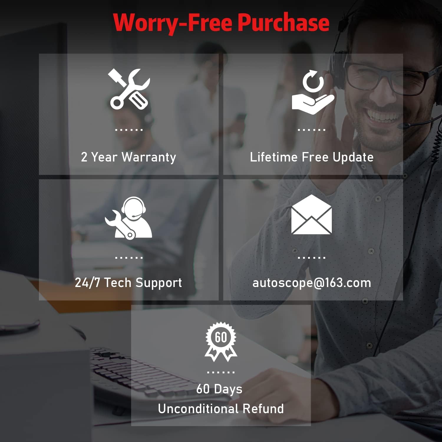 Image showing icons for 2 Year Warranty, Lifetime Free Update, 24/7 Tech Support, email address autoscope@163.com, and 60 Days Unconditional Refund.
