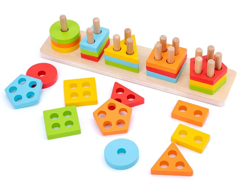 Wood City Wooden Montessori Toys for 1 2 3 Year Old Boys Girls Toddlers, Sorting & Stacking Toys for Toddlers and Kids Preschool, Educational Color Recognition Shape Sorter, Learning Puzzles Gift