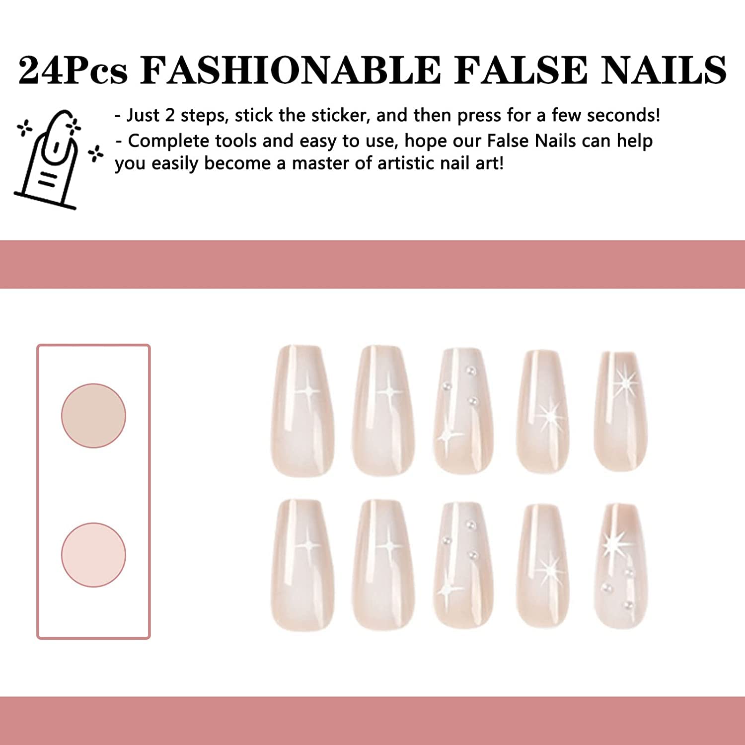 24Pcs French False Nails Coffin Medium Length Fake Nails Star Artificial Full Cover Press on Nails White Pearls Ballerina Acrylic Stick on Nails for Women Girls Nail Art DIY - Image 4
