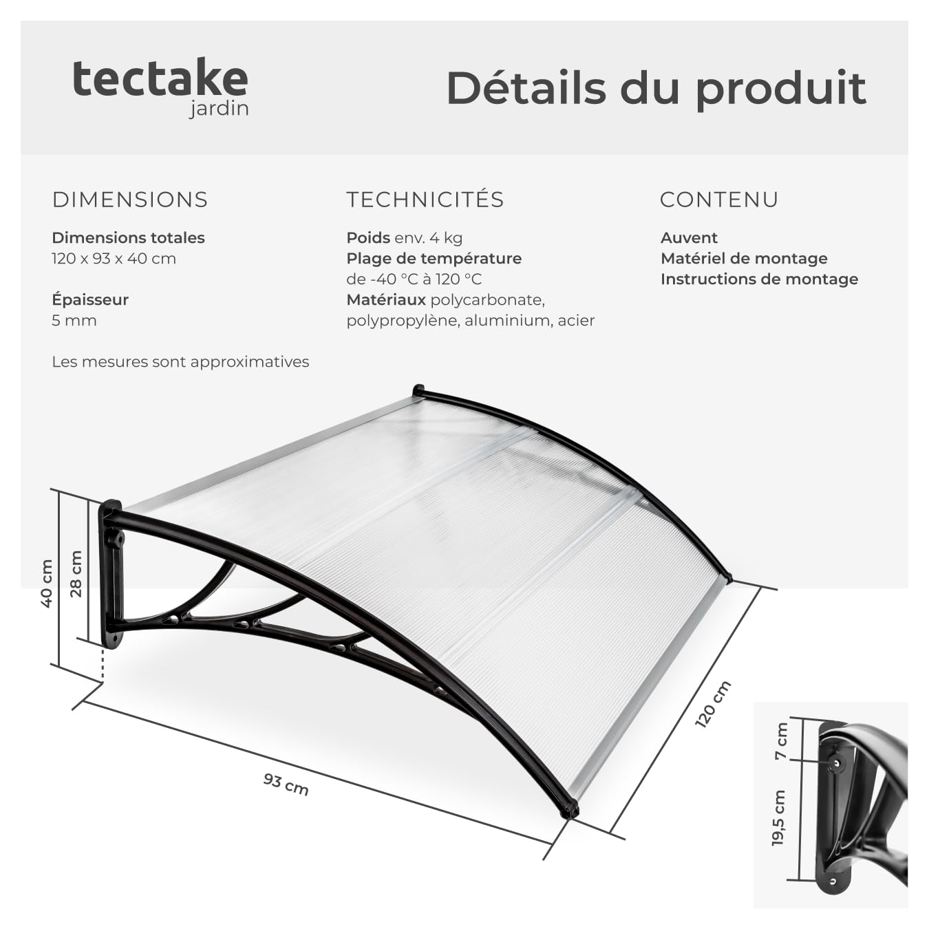 tectake® Auvent Marquise de Porte Exterieur en Polycarbonate Transparent et Indéformable Simple et Rapide à Installer Auvents Protection Pluie Porte d'entrée Maison Fenêtre Vitrine - 120 x 93 cm