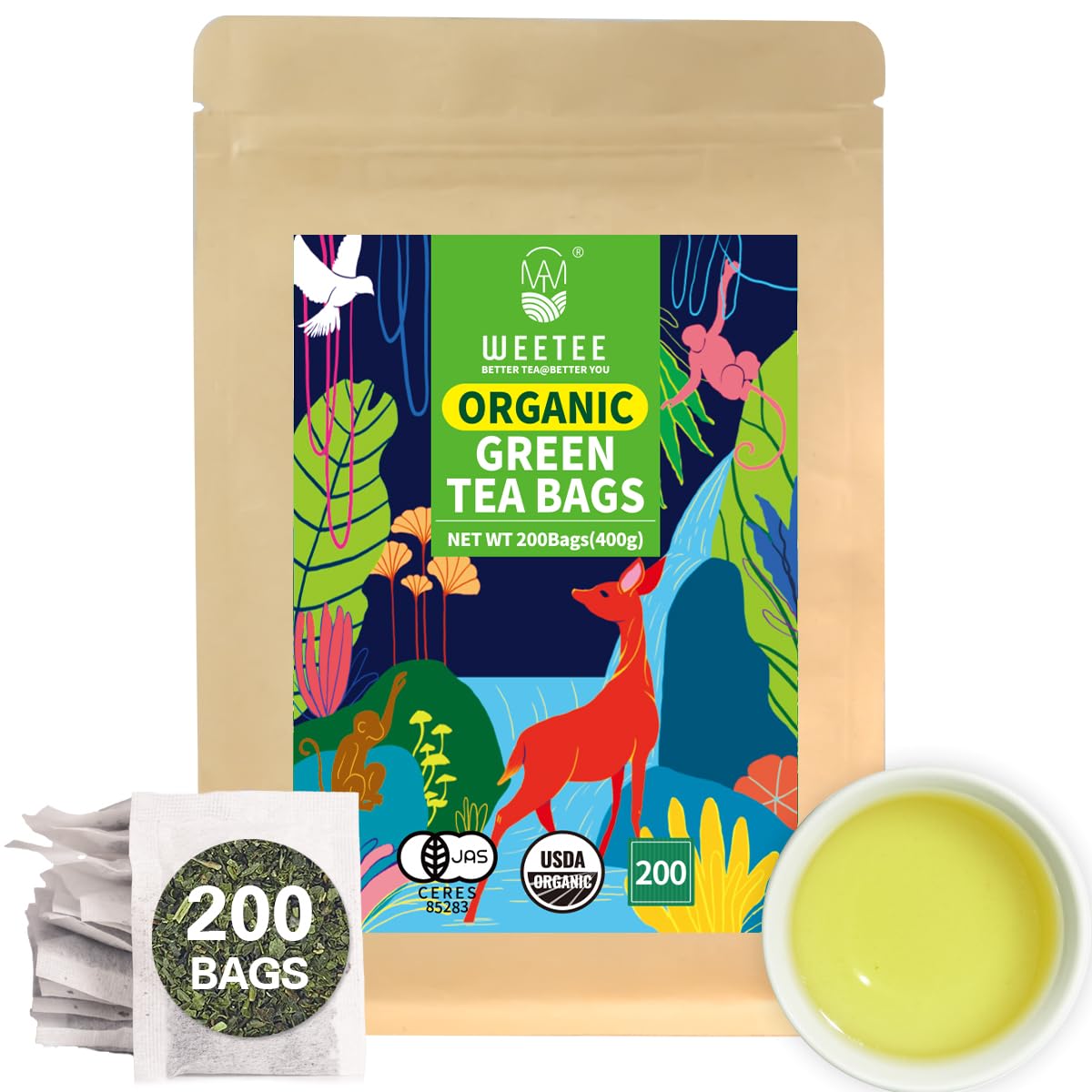 WT WEETEE Organic Green Tea Bags, Organic Pure Green Tea 200 Count, Super Antioxidant | Resealable Kraft Bag | Brew Hot or IcedUSDA Organic