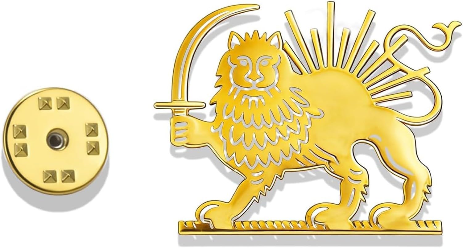 Faozhuo Stainless Steel Lion and Sun Lapel Pin Ancient Persian Brooch Shir Khorshid Iranian Jewelry for Suit Jacket, Gold