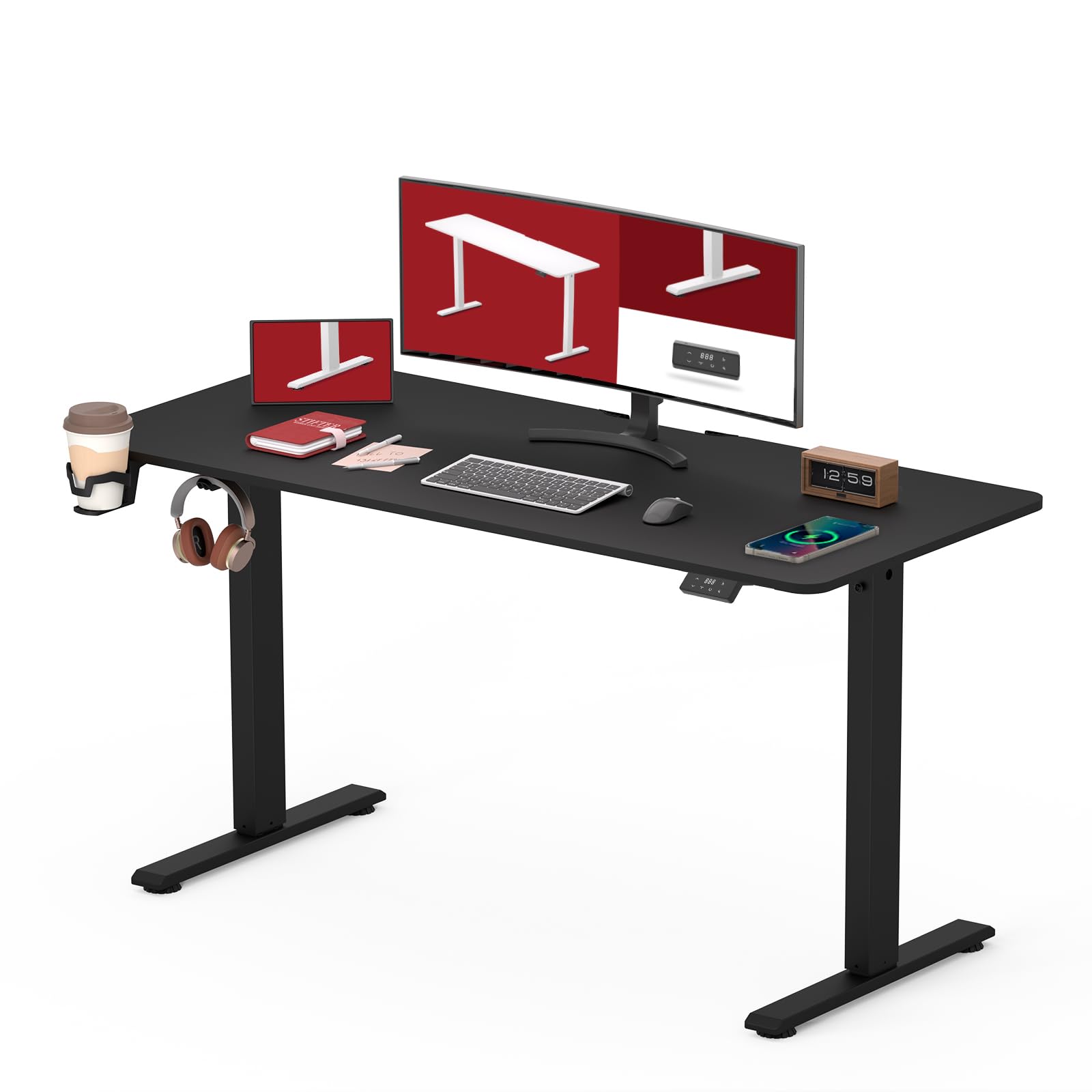 SANODESK QS1 110 x 60 cm Escritorio Elevable Eléctrico con un Tablero Entero Mesa de Elevable Eléctrico Escritorio Regulable en Altura Telescópico Bidireccional con Control de Memoria(Negro)