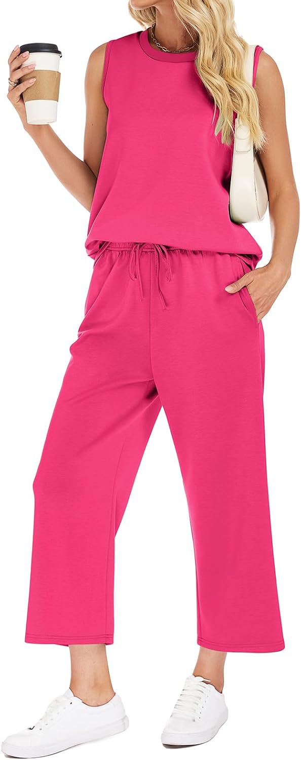 VUTRU Womens Lounge Set 2 Piece Outfits Matching Tank Top Wide Leg Pants for Comfortable Casual Vacation Travel Summer Wear