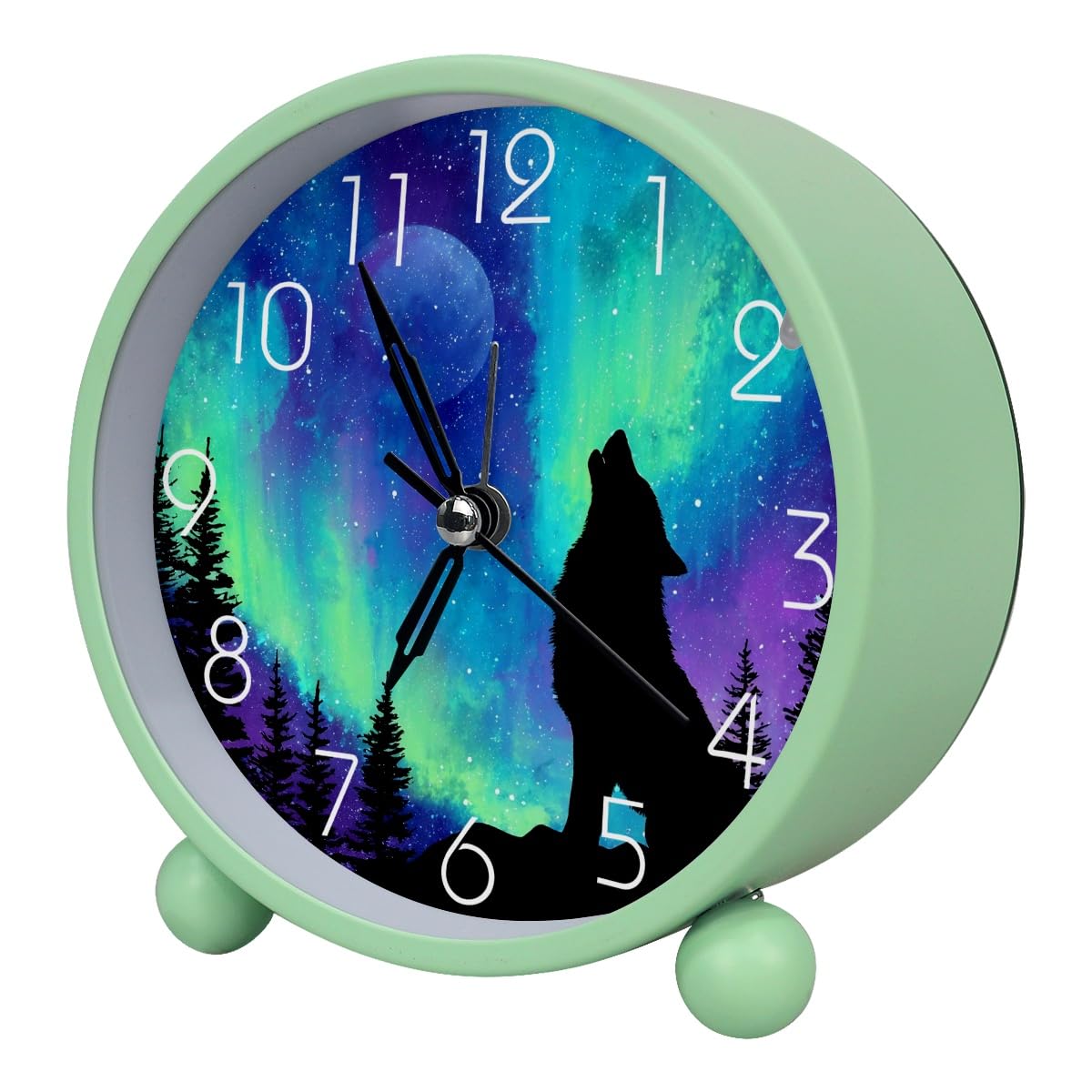 Luoweisi Analog Alarm Clock Northern Lights Wolf, Silent Non-Ticking with Night Light, Battery Operated, Round Desk Alarm Clock for Office, Bedroom, Elderly, Adults, Children, Student Gifts