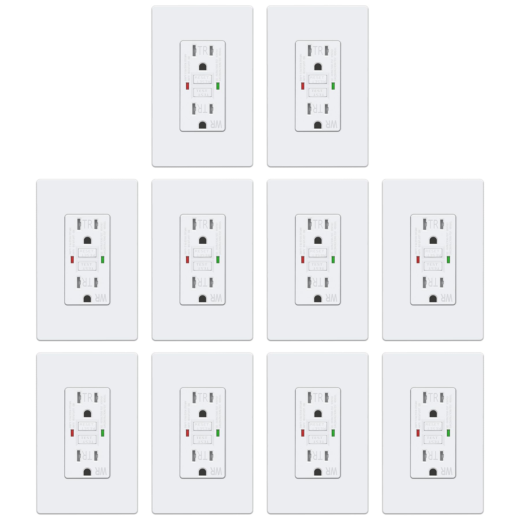 ELECTECK 10 Pack GFCI Outlets 15 Amp, Outdoor Weather Resistant (WR), Self-Test GFI Receptacles with LED Indicator, Ground Fault Circuit Interrupter, Screwless Wallplate Included, UL Listed, White