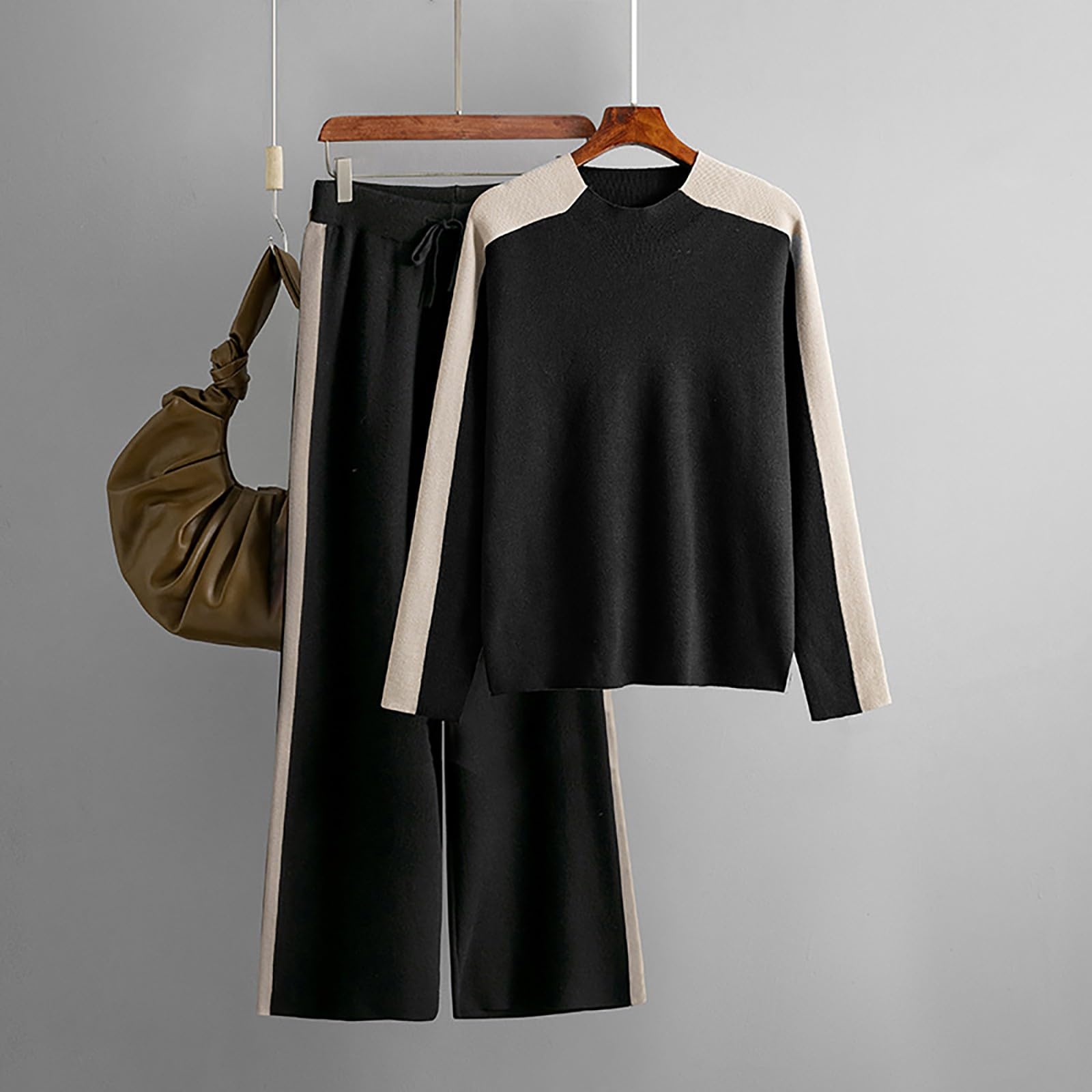 Suéter de punto de manga larga con cuello redondo para mujer, para otoño e invierno, color liso, pantalones de pierna ancha, versión holgada, ropa casual para el hogar, conjunto de pijama de algodón