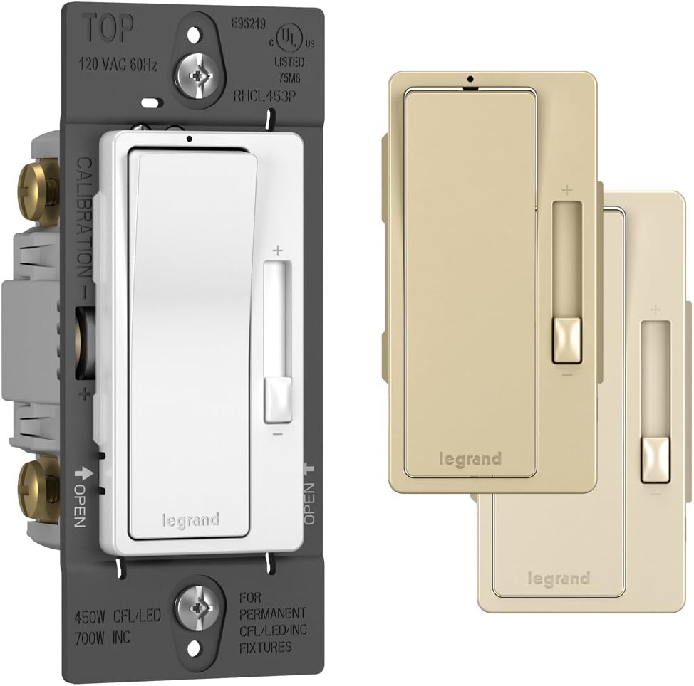 Legrand radiant RH453PTC 450W Preset Decorator Rocker Dimmer Light Switch with Locator Light for Dimmable LED and CFL Bulbs, Single Pole/3-Way, White/Light Almond/Ivory (1 Count)