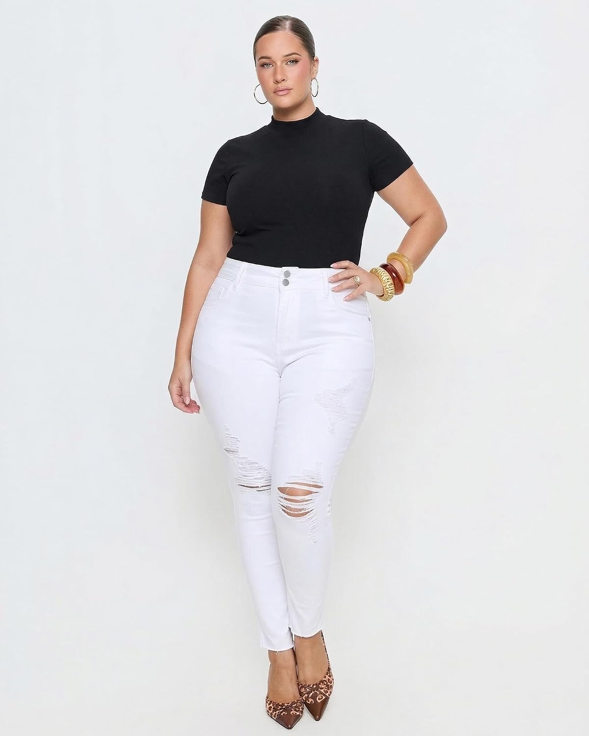 Gocolloa Womens Plus Size Skinny Jeans Stretchy High Waisted Ripped Distressed Ankle Jean