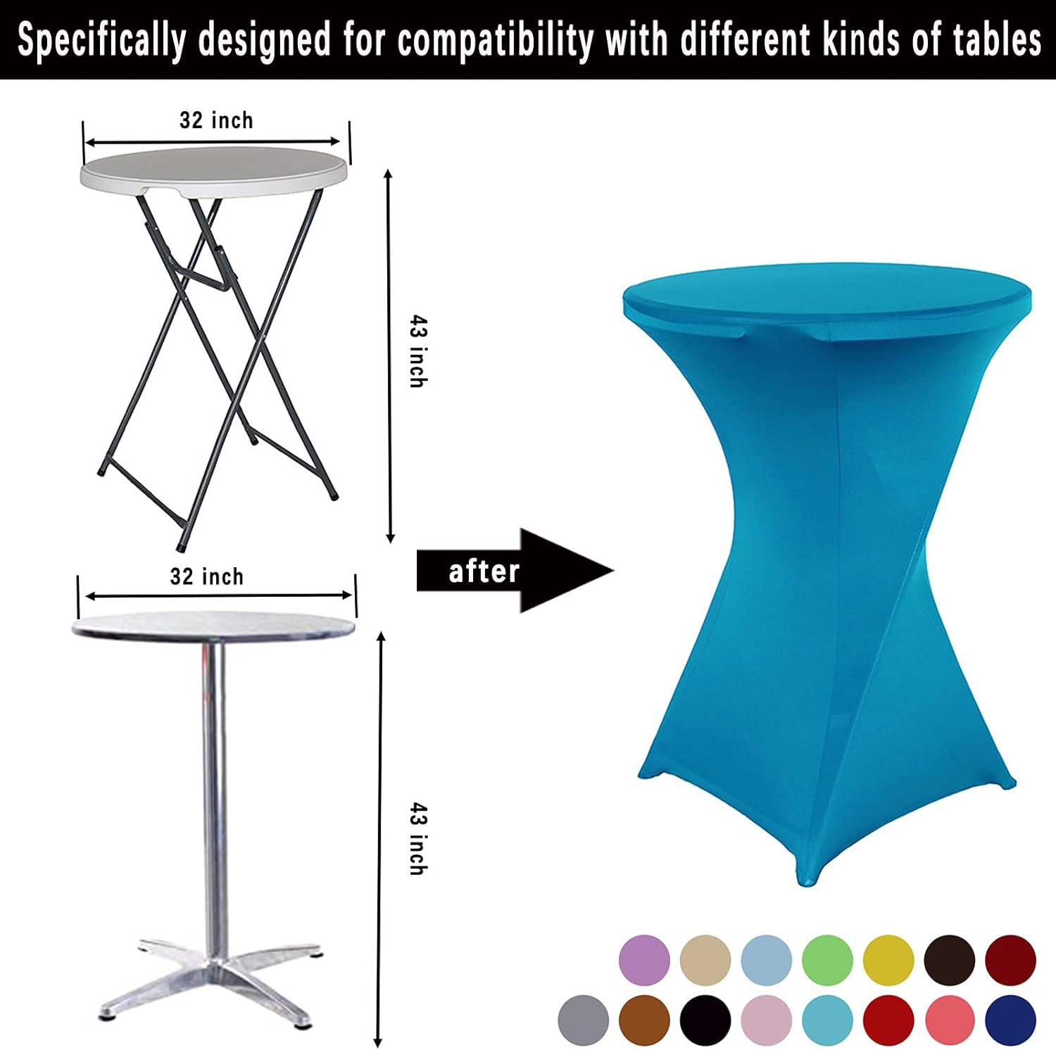Jeloris 2 Pack 32x43 Inch Lake Blue Cocktail Spandex Round Tablecloth Stretch Spandex Cocktail Table Fitted Cover for Weddings, Banquets, Events, Parties, Restaurants
