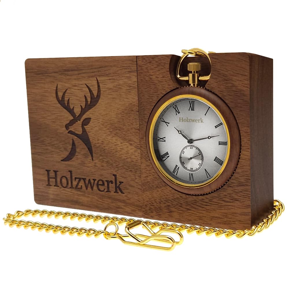 Holzwerk Germany 2 in 1 Handgefertigte Taschenuhr Tischuhr Standuhr Öko Natur Holz Taschen Uhr mit Kette Braun Gold Silber Römische Ziffern