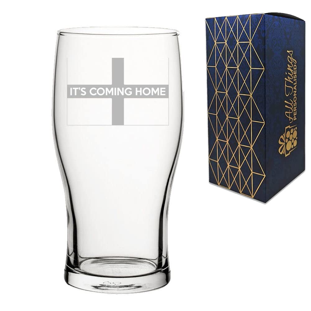 Engraved Football Pint Glass, It's Coming Home Design with Gift Box, Euro Football Soccer Rugby Sport Championship