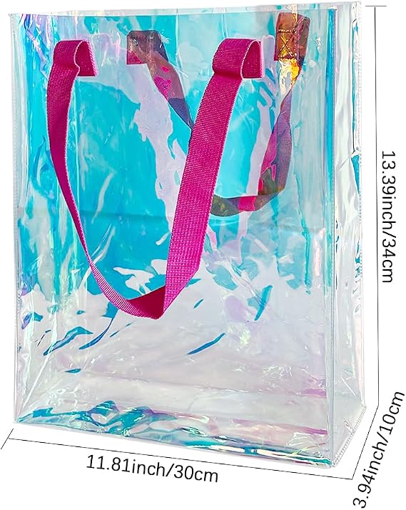 Holographic Clear Tote Bag with Weave Handle Laser Waterproof PVC Beach Tote Gift Shopping Bag for Stadium Travel