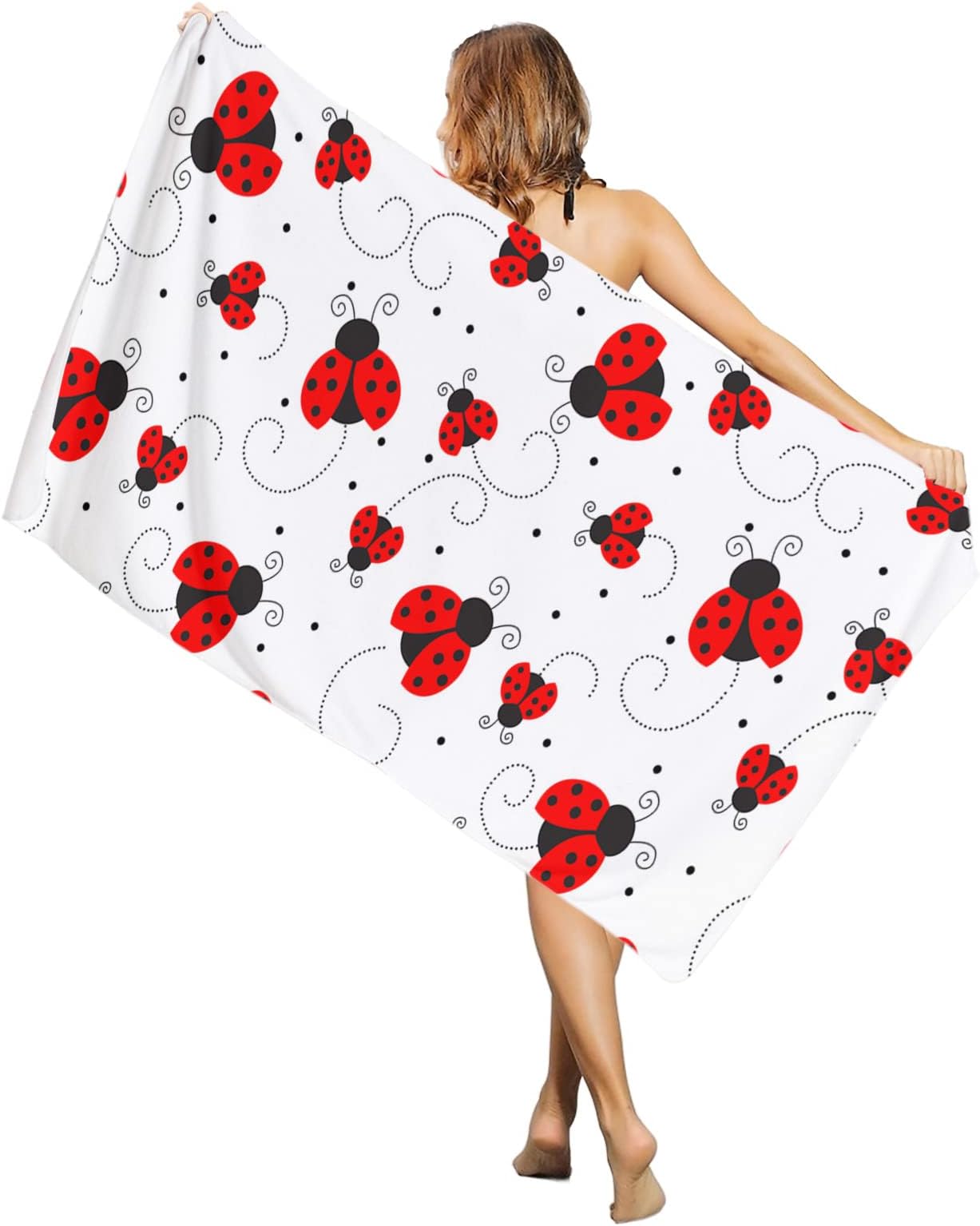 Cute Red Ladybug Beach Towel Ladybug with Dotted Wings Swirls Curves Microfiber Absorbent Bath Pool Towel 35x71 Inch Sandproof Blanket Quick Dry Beach Towels Blanket Travel Swim Towels for Adults Kids