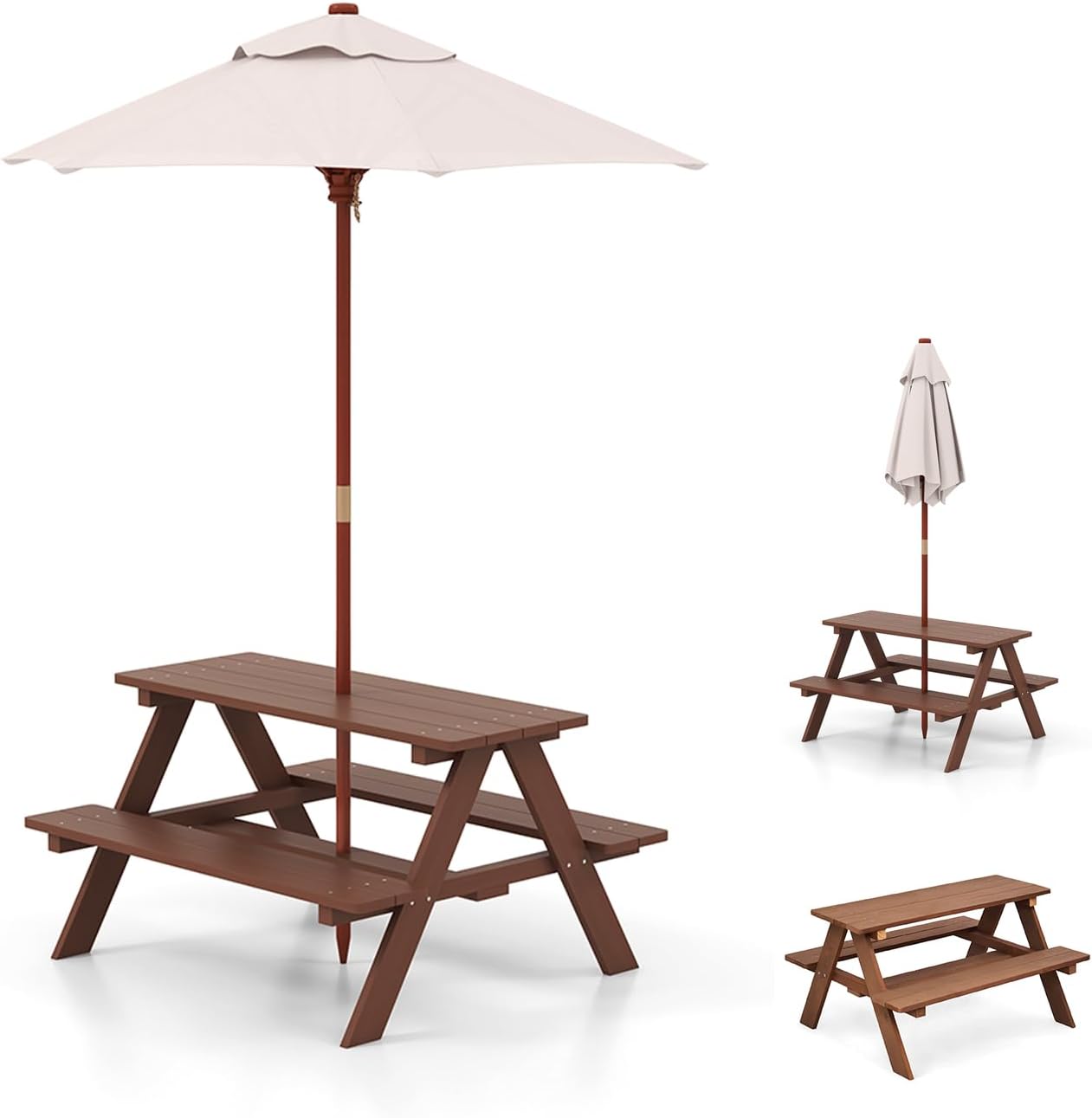 Kids Picnic Table, Wooden Kids Outdoor Table with Detachable Umbrella, Toddler Picnic Table for Patio, Garden, Backyard, Gift for Boys and Girls