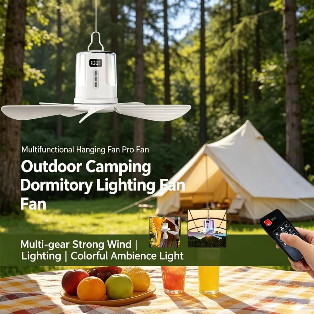 Ventilatore da soffitto con illuminazione da campeggio, ricaricabile, con luce e telecomando, USB, timer, ventilatore portatile, batteria per esterni, gazebo, terrazza
