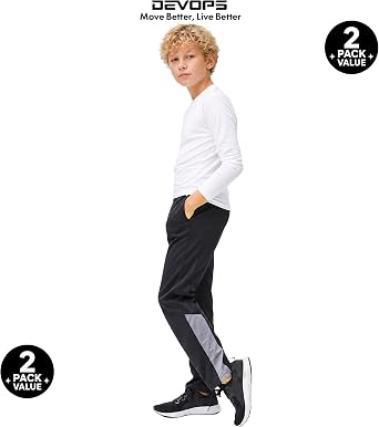 DEVOPS 2 Pack Boys Active Performance Workout Athletic Pants with Pockets | Flexible Elastic Waistband, Athletic Training Fit, Convenient Side Pockets, Smart Value 2-Pack